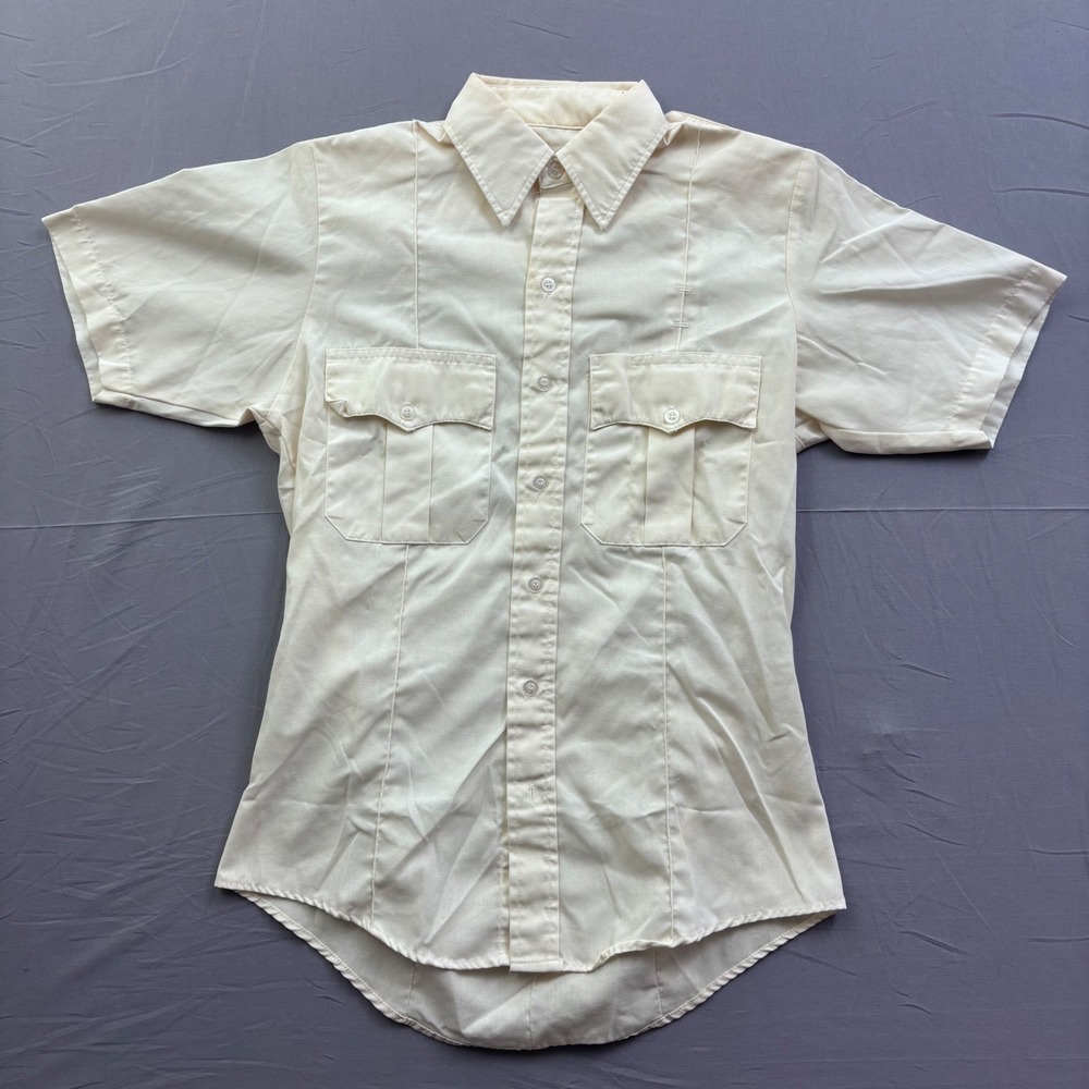 Liberty Mens Cream Short Sleeve Uniform‎ Polo Epaulets Sz S 14-14.5 Style 732MWH